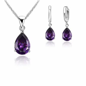 Komplet biżuterii srebro 925 – naszyjnik i kolczyki z motywem kropli z cyrkonią fioletową