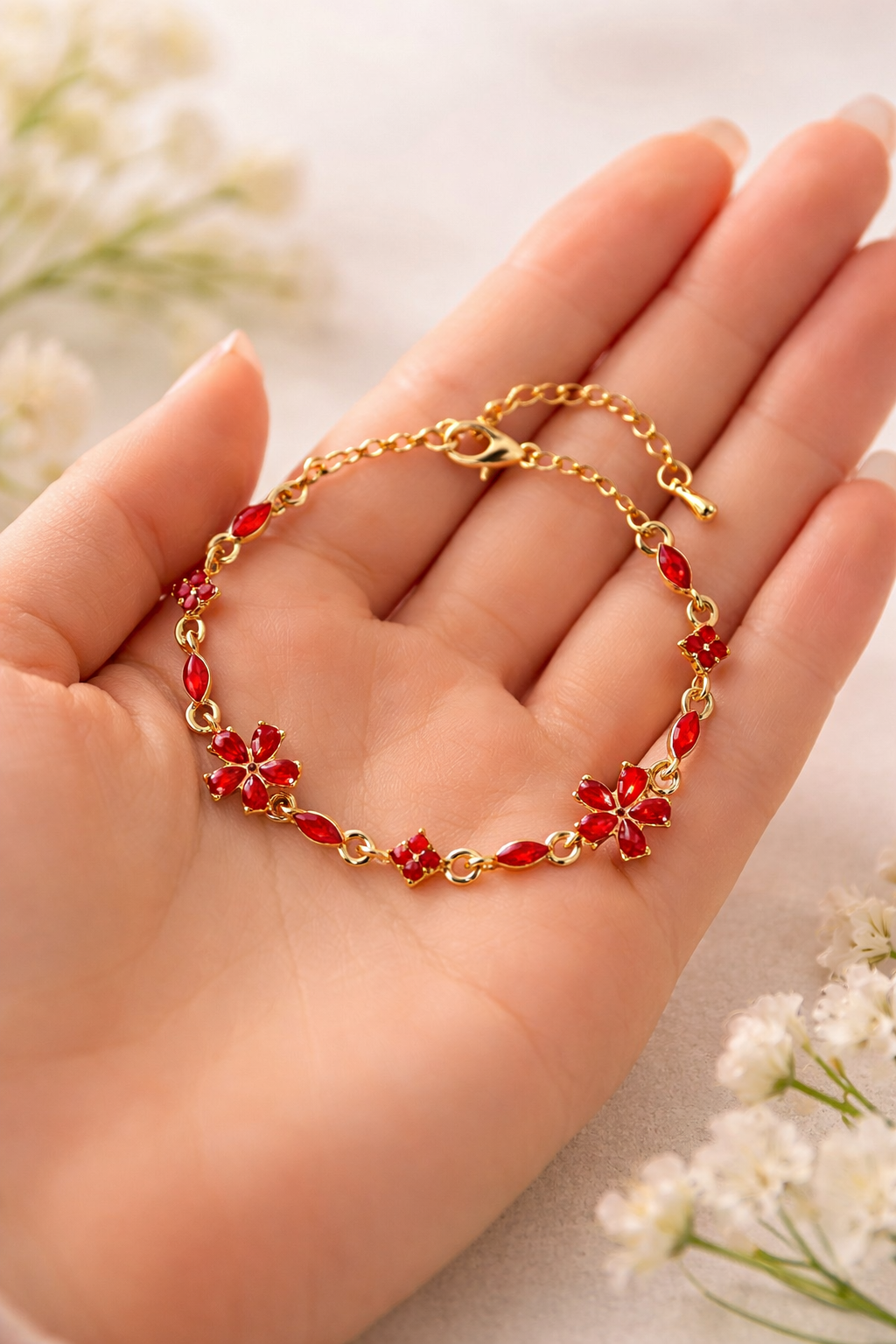 Złota bransoletka ze stali nierdzewnej z czerwonymi kamieniami - obrazek 3