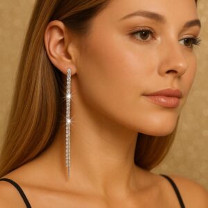 Długie srebrne kolczyki z cyrkoniami – błyszczące