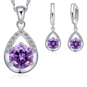 Komplet biżuterii srebrnej 925 z fioletową cyrkonią – naszyjnik + kolczyki