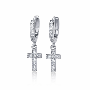 Kolczyki wiszące srebrne 925 z krzyżykiem – cyrkonie