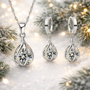 Komplet biżuterii srebrnej z motywem kryształowej kropli