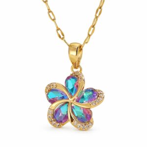 Naszyjnik złoty z motywem kwiatka z cyrkoniami - multicolor
