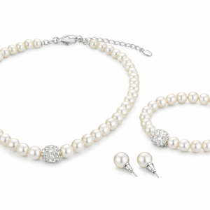 Luksusowy komplet z pereł – naszyjnik + kolczyki sztyfty + bransoletka