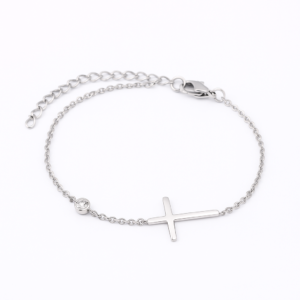 Bransoletka ze stali chirurgicznej z cyrkoniami i krzyżykiem – srebrna