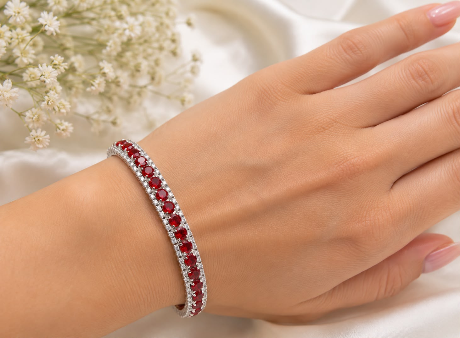 Srebrna Bransoletka 925 Ruby Crystal z Czerwonymi Cyrkoniami - obrazek 3