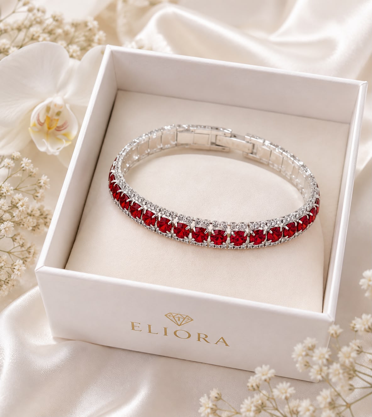 Srebrna Bransoletka 925 Ruby Crystal z Czerwonymi Cyrkoniami - obrazek 2